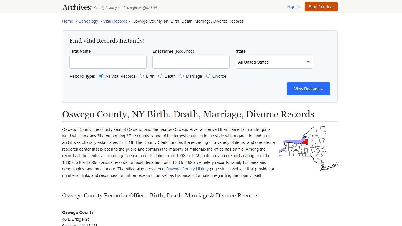 Oswego County, NY Birth, Death, Marriage, Divorce Records