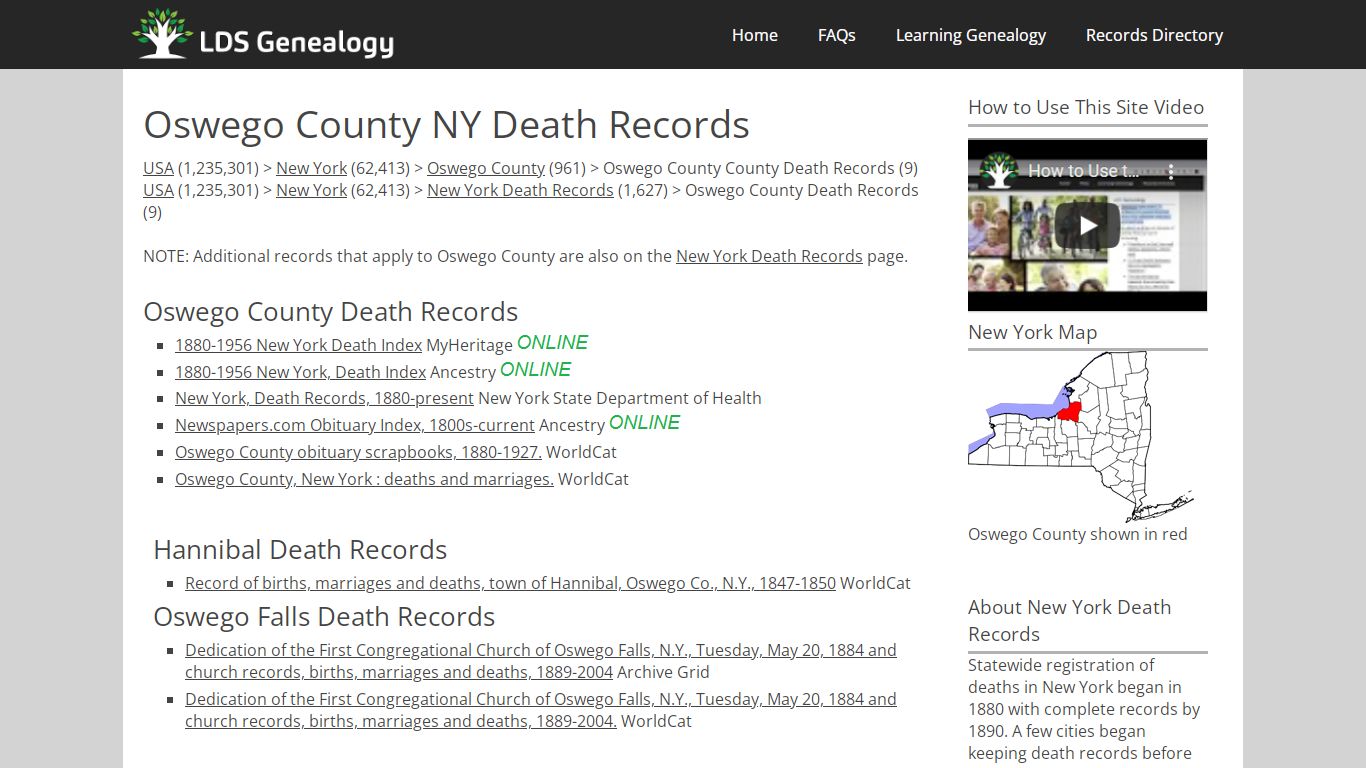 Oswego County NY Death Records - LDS Genealogy